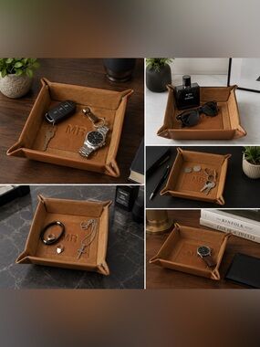 Clava Genuine Leather Snap Valet Tray Catchall Organizer tan Monogram MR 8”